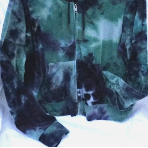 Cozie by Pink Rose Women Size L Short Hoodie Jacket Full Zip Velour Green Navy - Picture 5 of 6